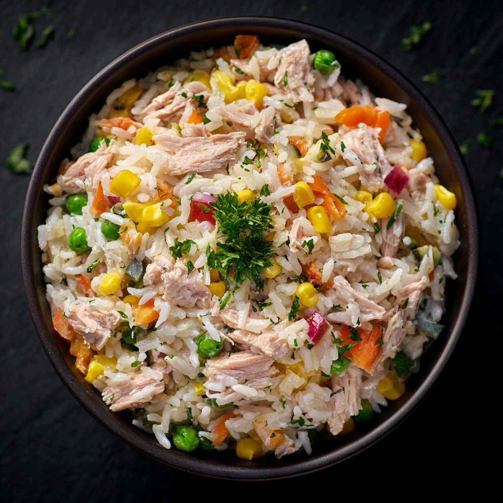 Un plat de riz et légumes colorés, avec des légumes tels que des carottes, des pois et des haricots verts, accompagnés de poulet.