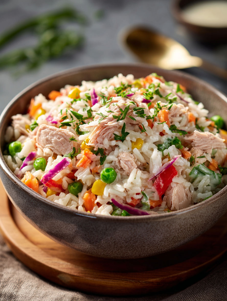 Une salade de riz et légumes colorés dans un bol.