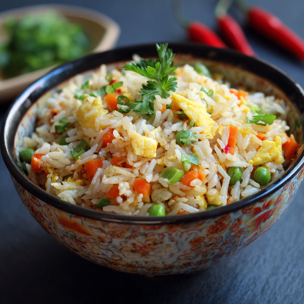 Un plat de Riz Frit avec des légumes et des épices.