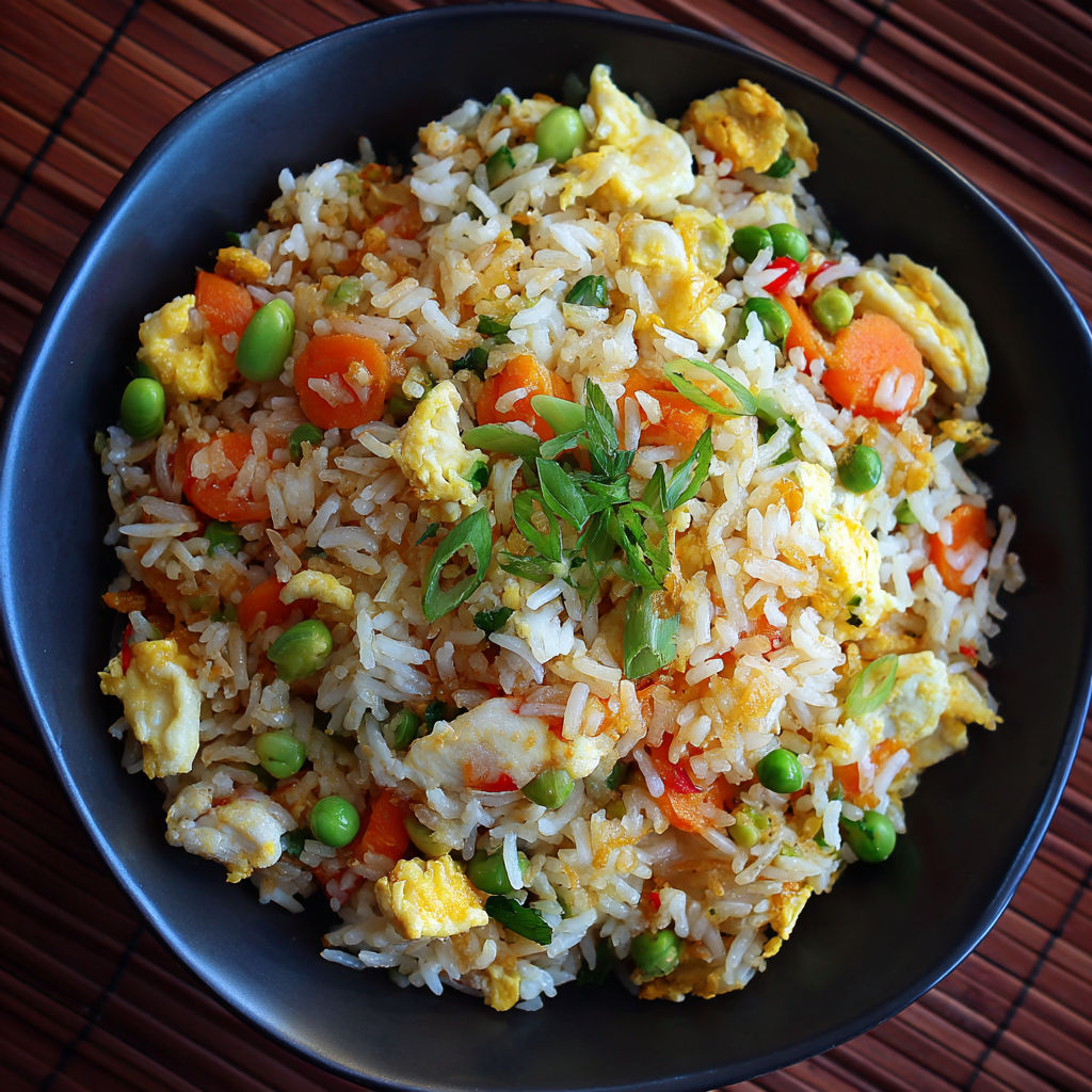 Un plat de riz et légumes, incluant des carottes, des pois chiches et des oeufs, est servie sur une table.