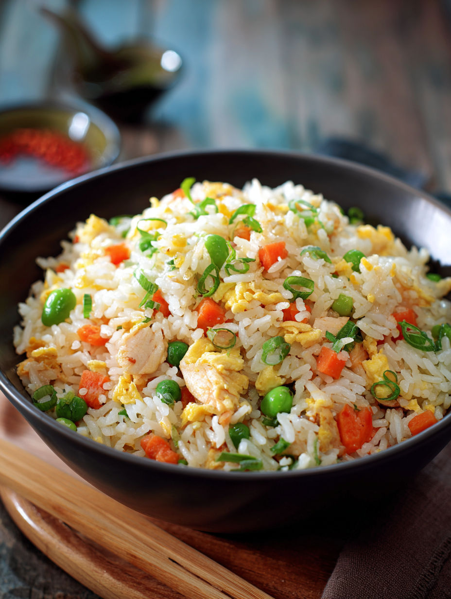 Un plat de riz avec des légumes et des carottes, accompagné d'une sauce.