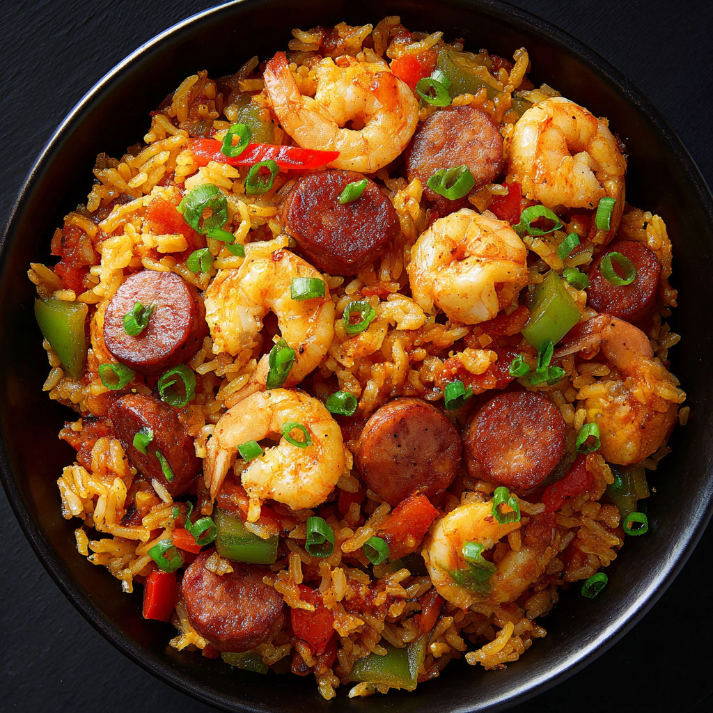 Un plat de Riz frit avec des fruits de mer et des chorizos.