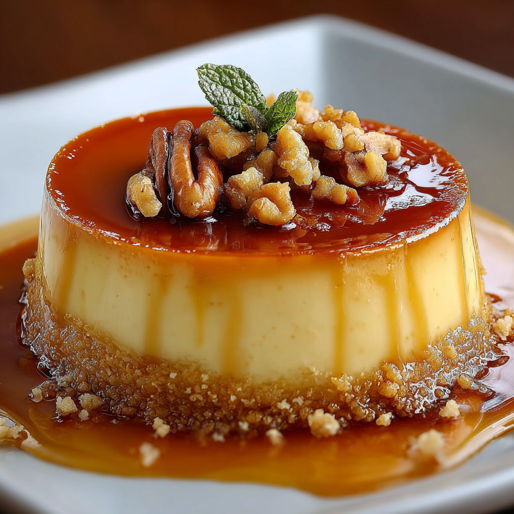 Une tarte flan Vanille est servie sur un plateau.