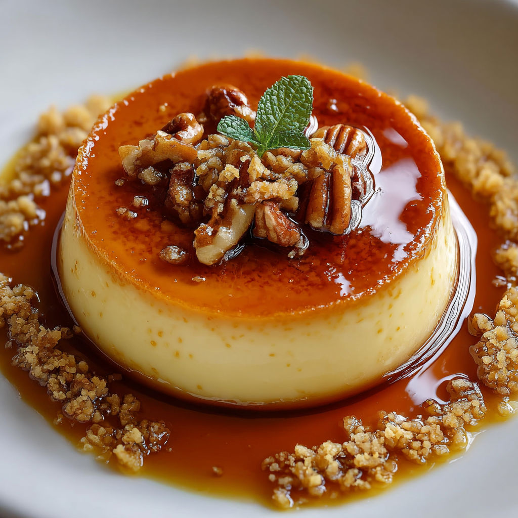 Une tarte flan au caramel et aux noix de cajou, garnie de menthe et de cinnamon, est servie sur un plateau.