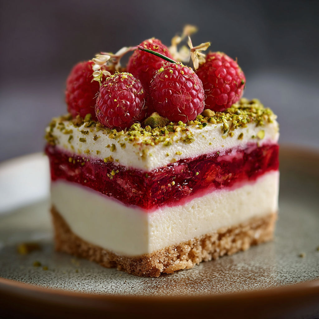 Un délice de gâteau aux fruits rouges et blancs, avec des graines de lin et des épinards, est présenté sur un plateau.