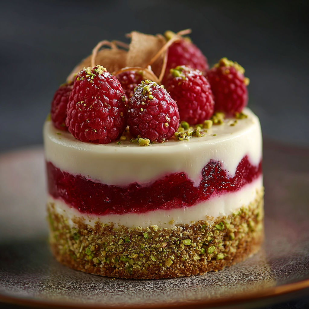 Une tarte aux fraises et raspberries, garnie de crumbles de gingembre et de pistaches, est servie sur un plateau.