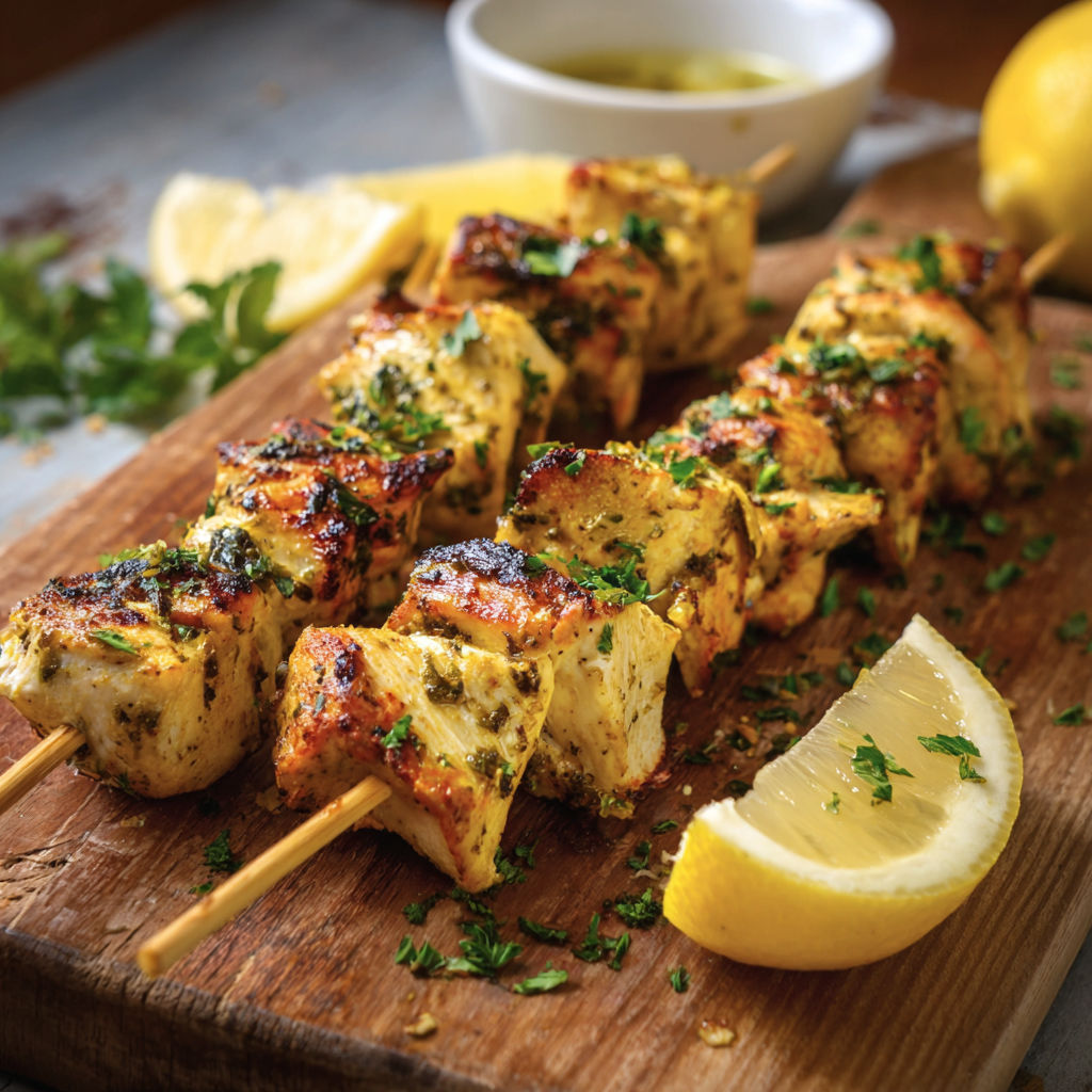 Des brochettes de poulet grillées, avec une sauce et une cuillère à soupe, sur un plateau de bois.