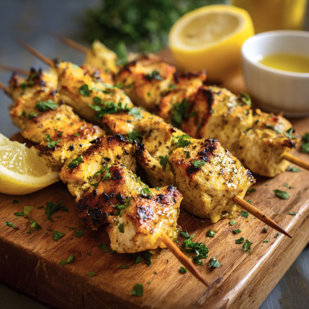 Descriptif de la recette "Kebab de poulet grillé avec citron vert" sur une planche de bois.