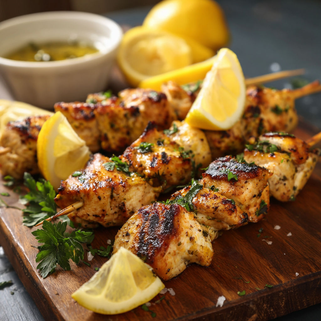 Une recette de brochettes de poulet grillé avec des citrons et des herbes.