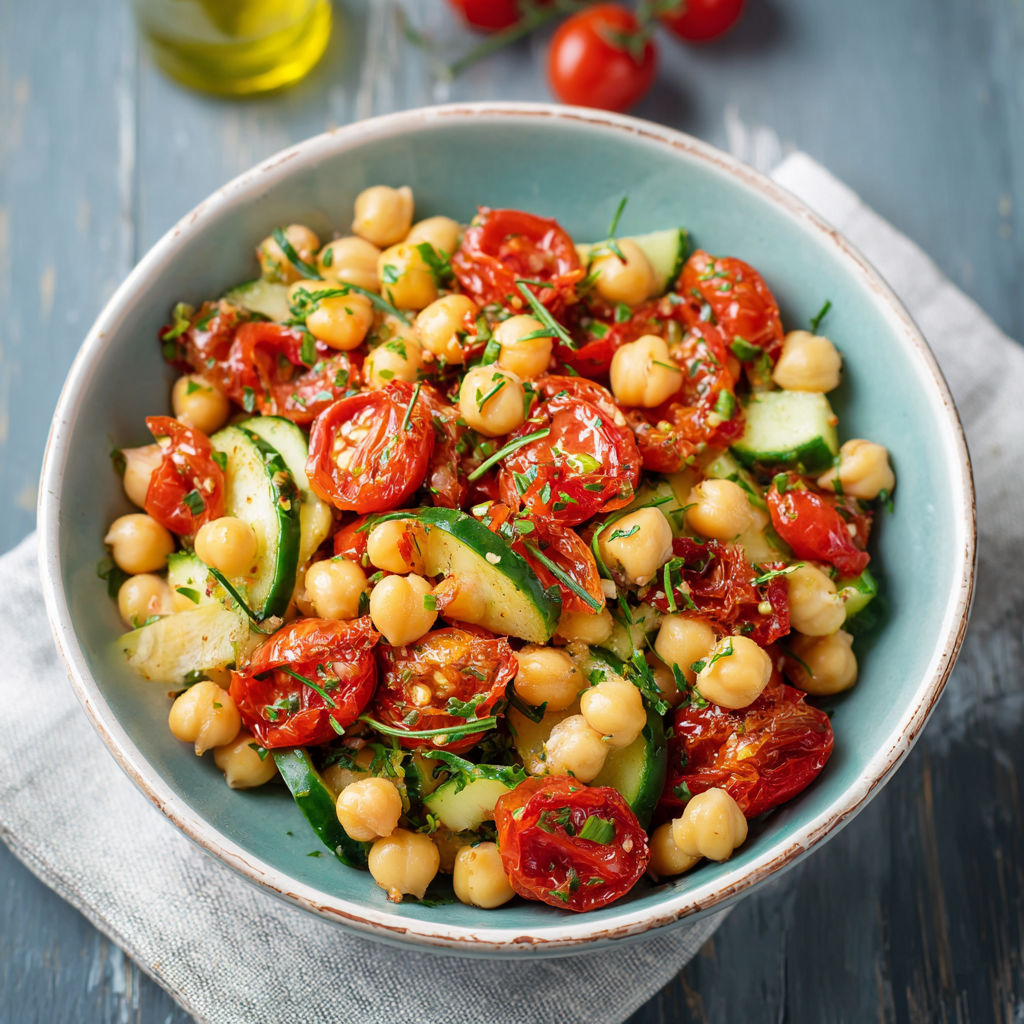 Une salade de tomates et de cucumbers avec des chickpeas et des herbes.