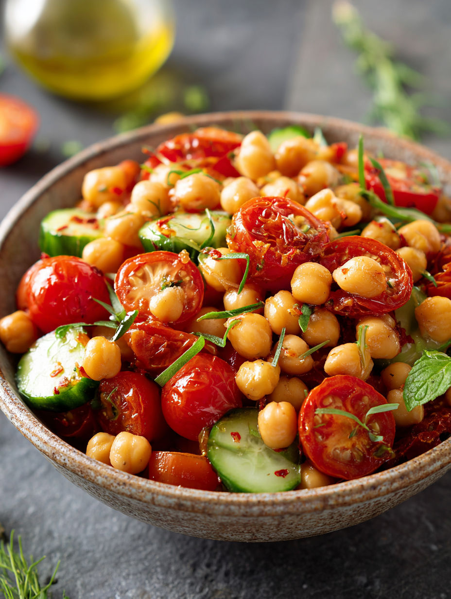 Une salade de tomates, cucumbers et chickpeas, avec une sauce au pesto, dans un bol.