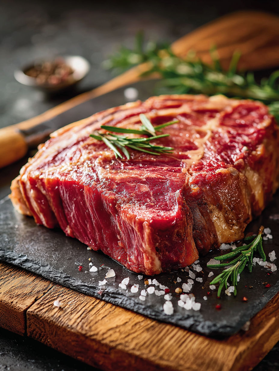 Une viande rouge de bœuf sur un plateau de pierre avec des herbes et des épices.