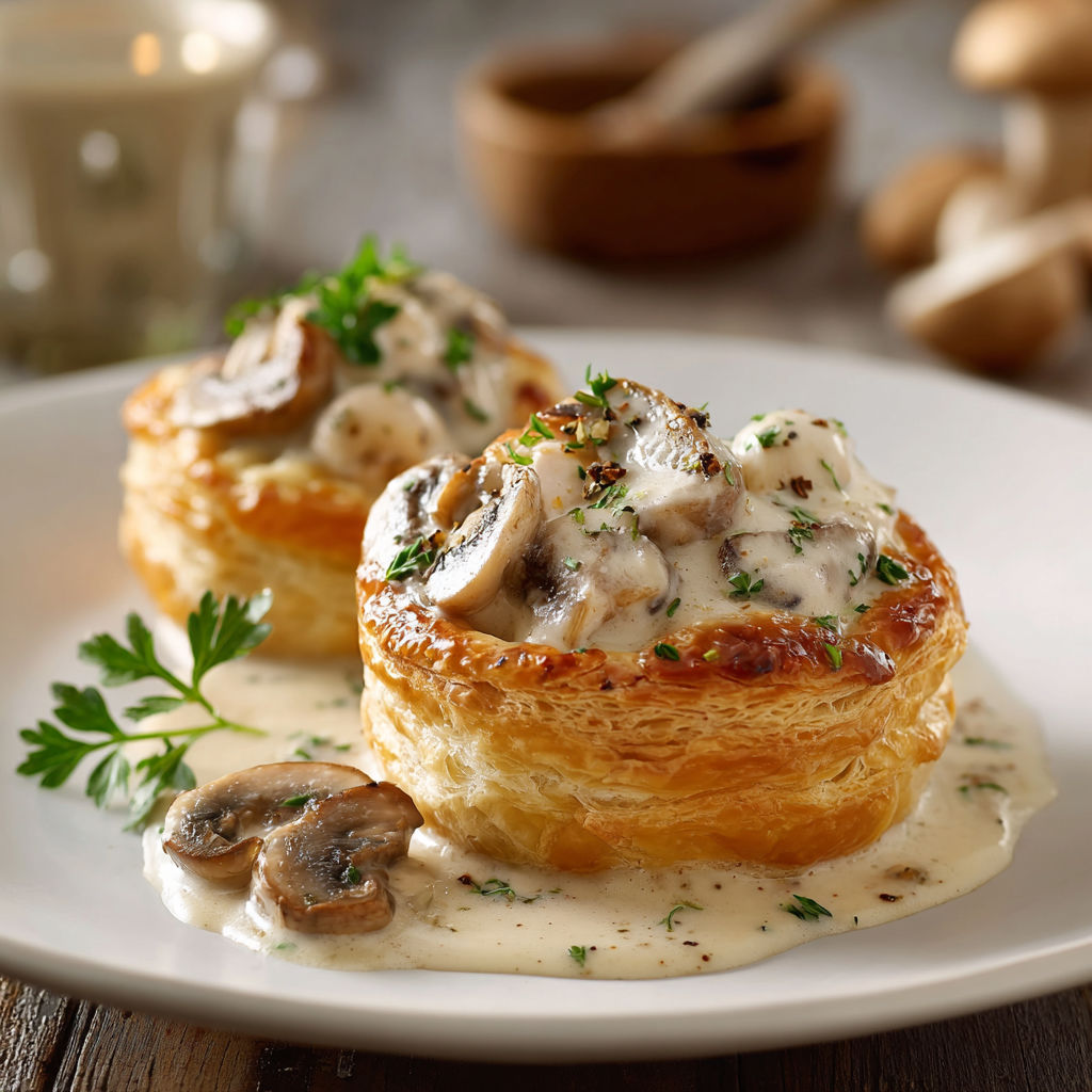 Une tarte aux champignons est servie sur une assiette blanche avec une sauce.