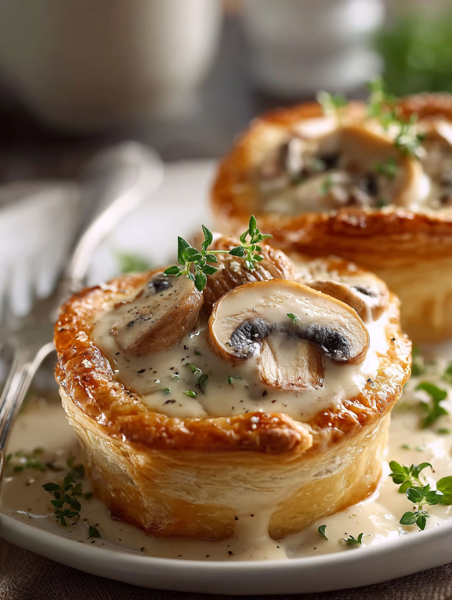 Deserts en forme de pie, remplis de champignons et herbes, servents de desserts pour un repas de fete.