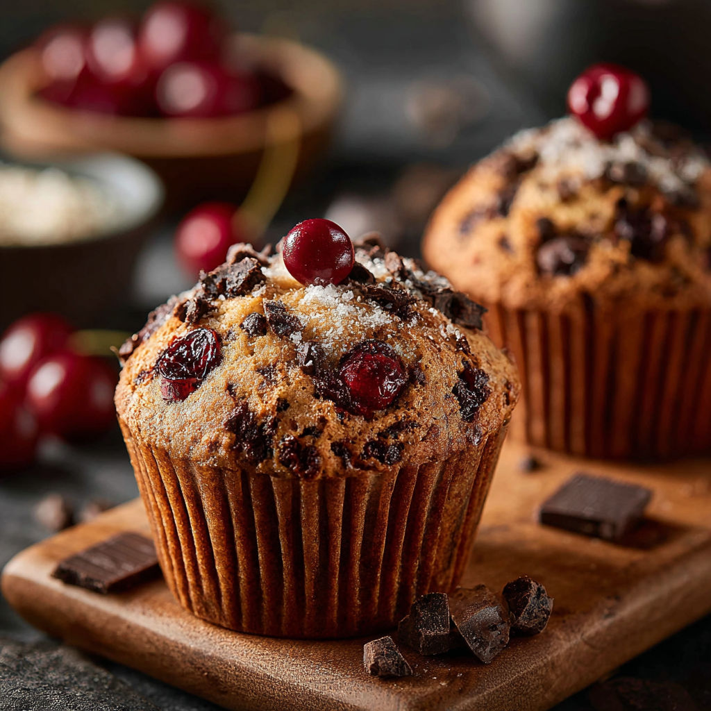 Muffins forêt sur une planche de bois avec des fruits rouges.