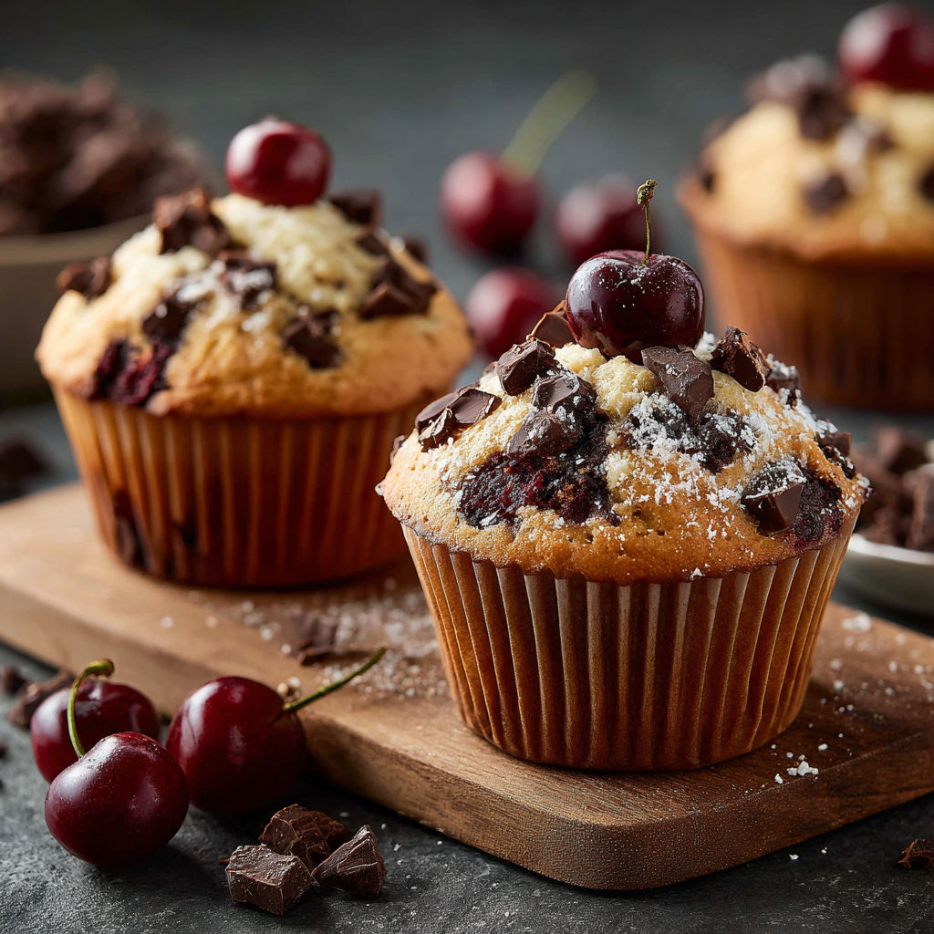 Deserts de cerises et de chocolat sur une planche de bois.