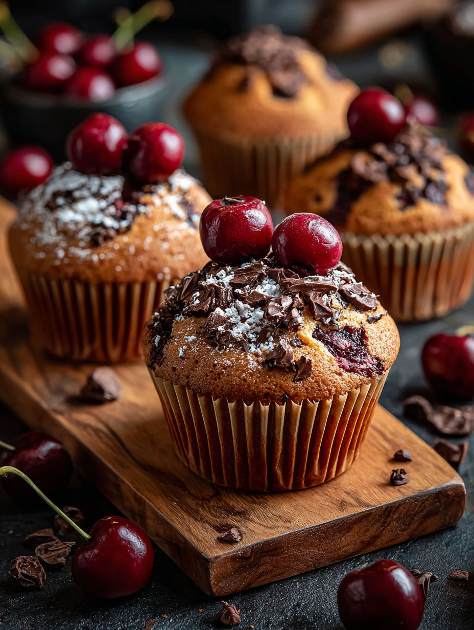Un muffin aux cerises et au chocolat sur une planche de bois.