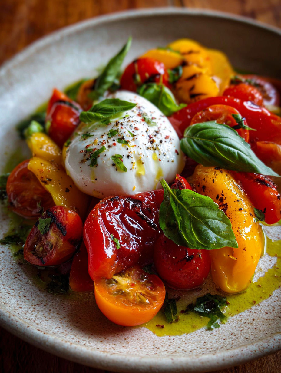 Une salade de tomates et de basilic avec une sauce au pesto.