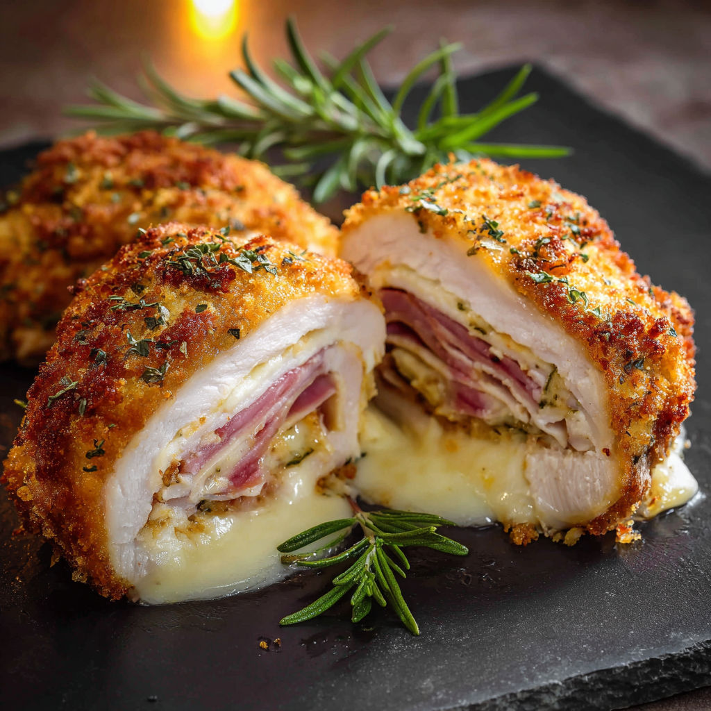 Une portion de Cordon Bleu, avec des herbes et des sauces, sur un plateau noir.