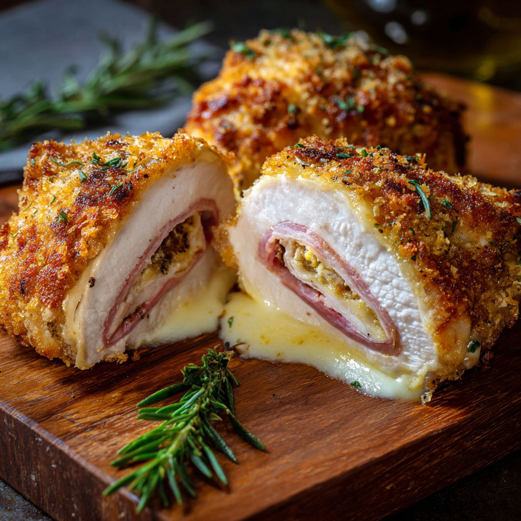 Une tranche de poulet rôti sur une planche de bois, avec une sauce au beurre et des herbes.