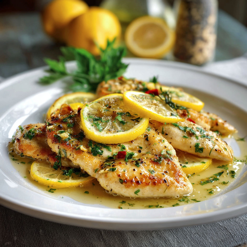 Escalopes de poulet avec des citrons et des herbes.