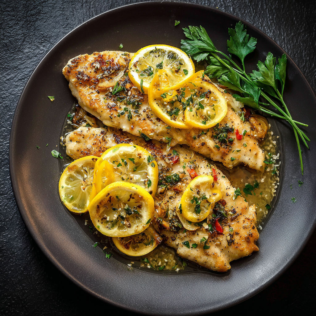 Une poisson grillé avec des citrons et des herbes, accompagné d'une salade verte.