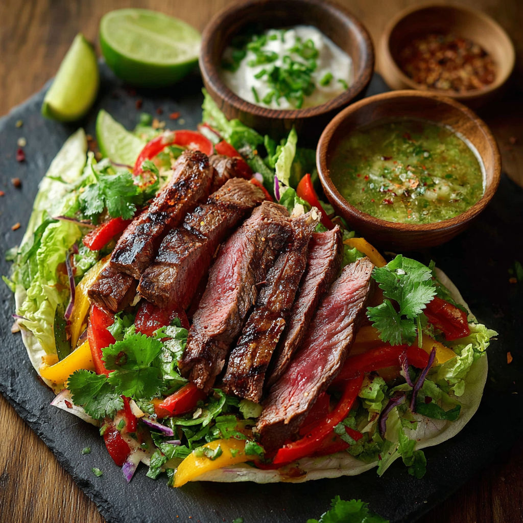 Une salade de steak grillé avec des légumes verts et des sauces.