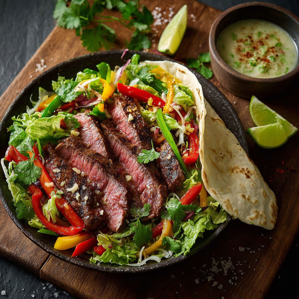 Une salade de steak avec des légumes et une sauce.