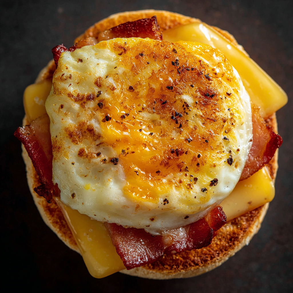 Une omelette au bacon et au fromage, avec une tranche de bacon et une tranche de fromage sur le dessus.