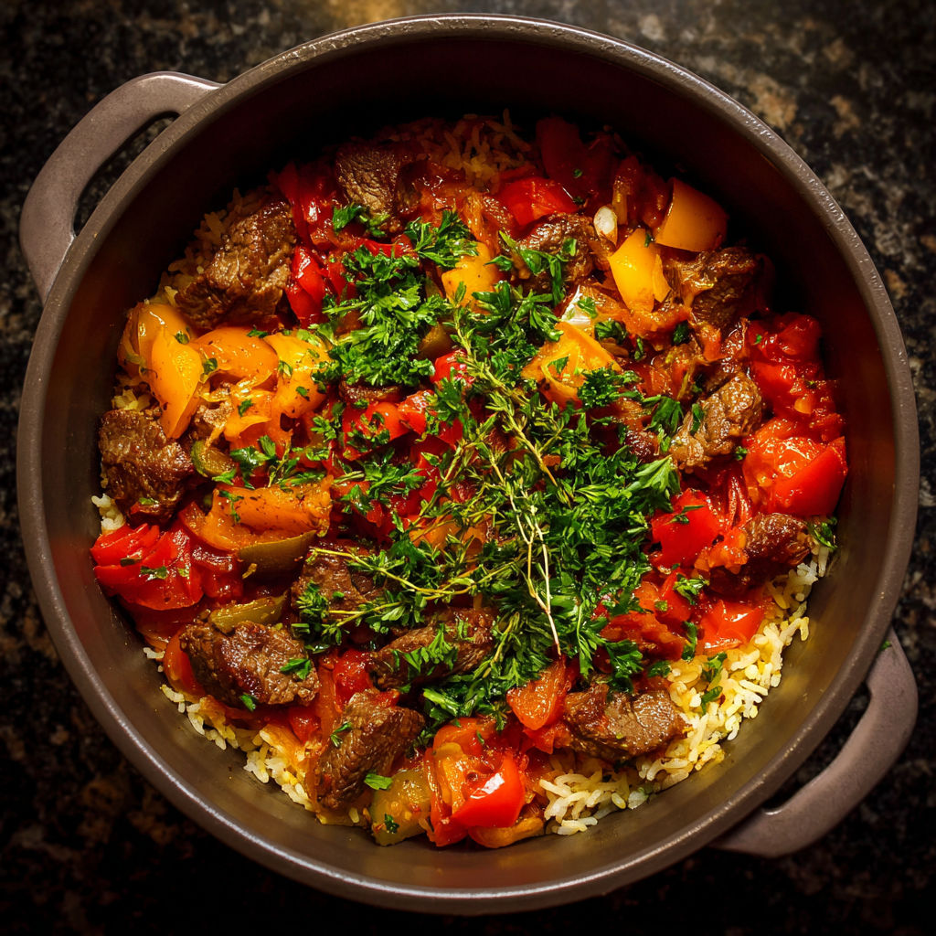 Un plat de riz et de viande avec des herbes fraîches sur le dessus.