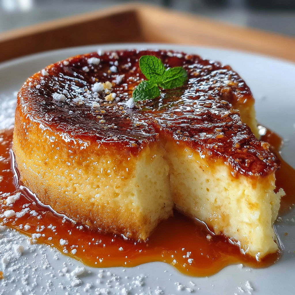 Une portion de flan pâtissier, garnie de menthe et de sucre, sur un plateau.