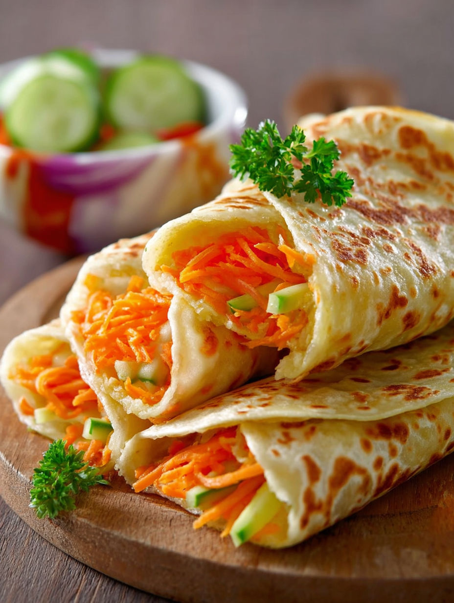Une quesadilla de carottes et cucumbers, avec une herbe verte sur le dessus.