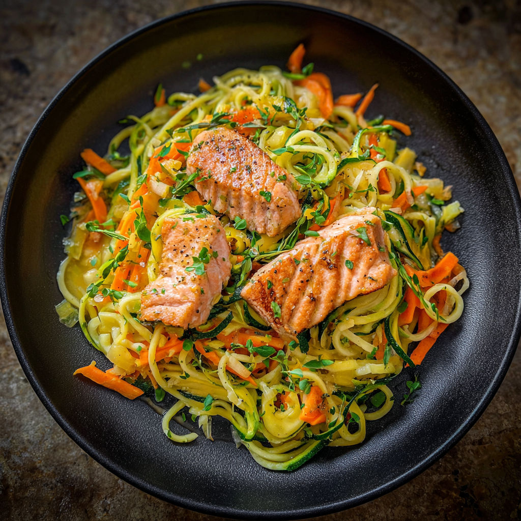 Une salade de noodles et de carottes avec des filets de saumon grillé.