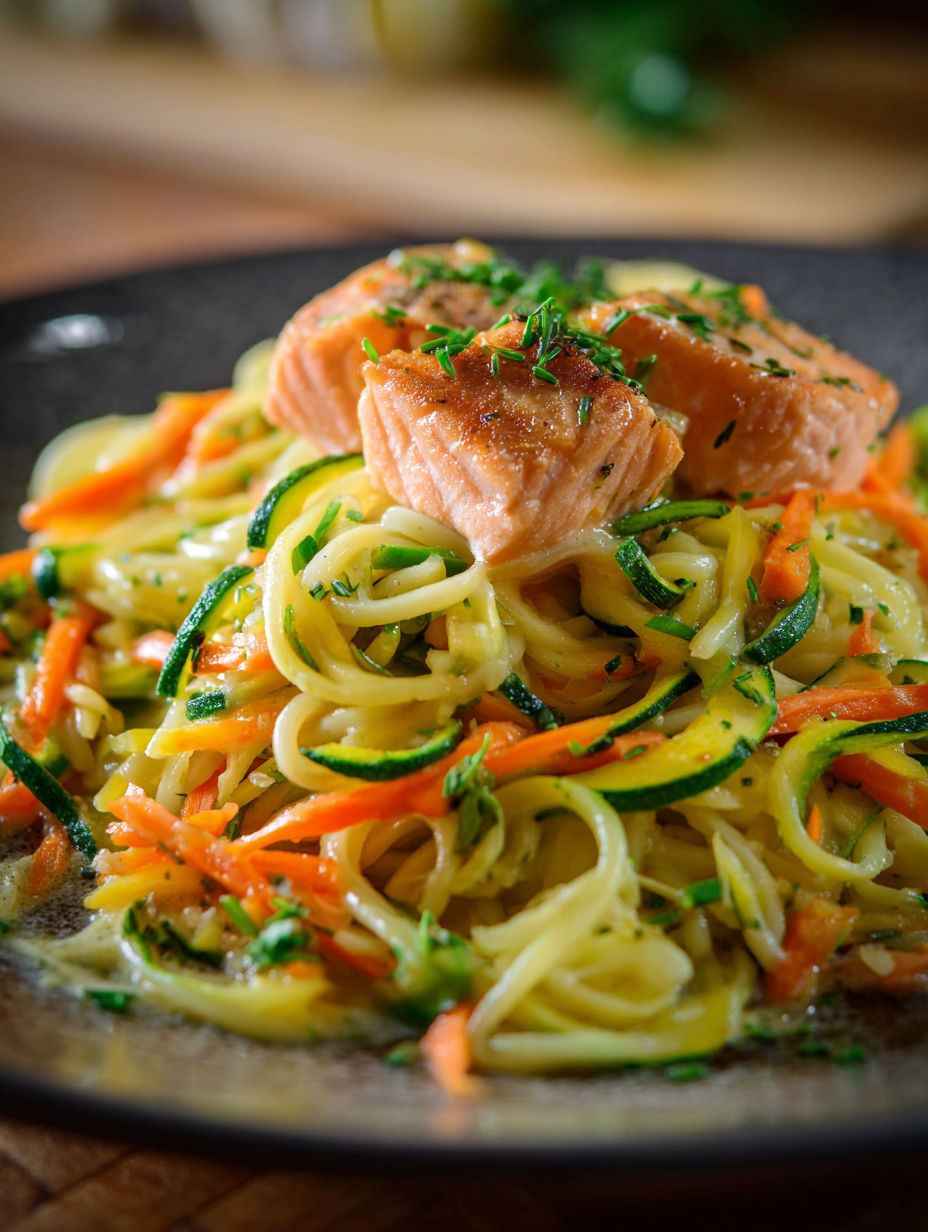 Une salade de noodles et de carottes avec des filets de saumon sur le dessus.