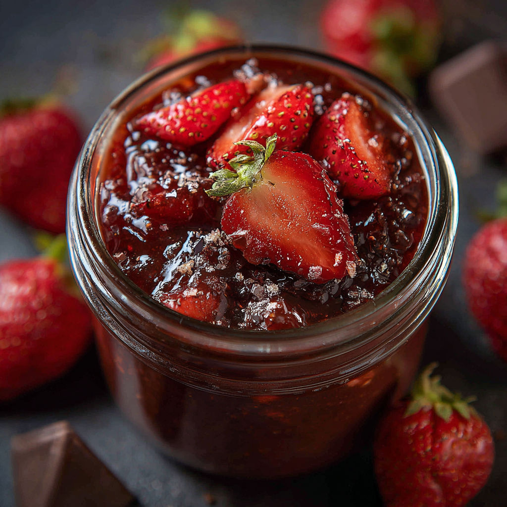 Une jarre de confiture de fraises avec des fraises fraîches sur le dessus.