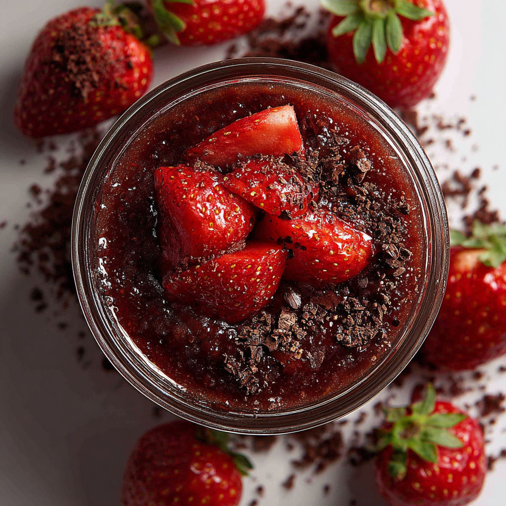 Une tarte aux fraises et chocolat, avec des fraises fraîches et des chocolats noirs, est servie dans un verre.