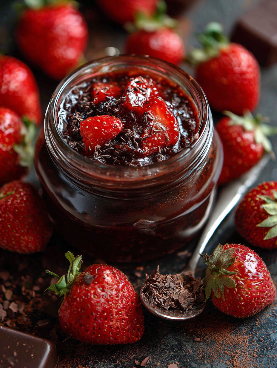 Une tarte aux fraises et chocolat, avec des fraises fraîches et des morceaux de chocolat, est servie dans un verre.