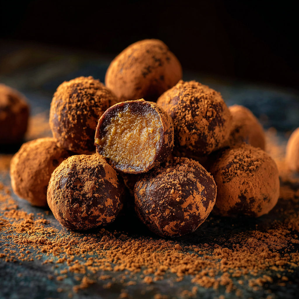 Une pile de truffes chocolat sur une table.