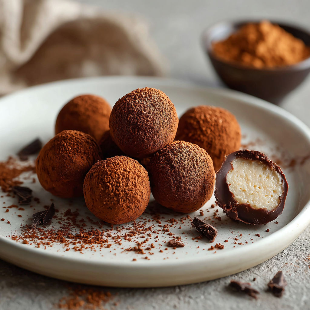 Une pile de chocolats enrobés de chocolat fondu et de sucre glace.