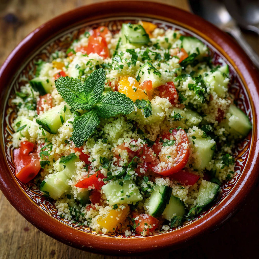 Une salade de tomates, cucumbers et herbes, servie dans un bol coloré.