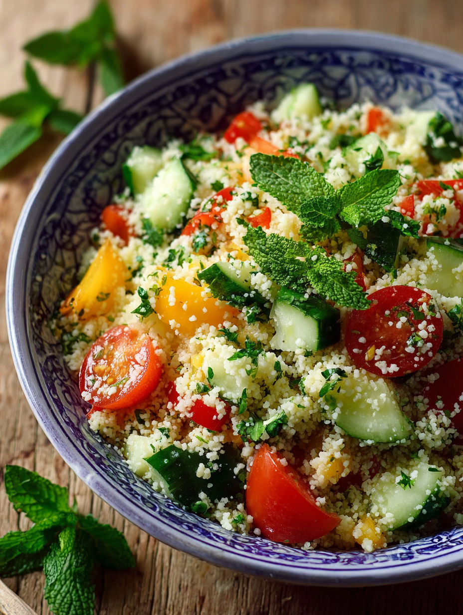 Une salade de tomates et de cucumbers avec du quinoa et des herbes.