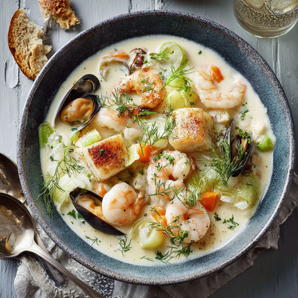 Une soupe de crevettes et de légumes, avec des carottes, des moules et des herbes, est servie dans un bol.