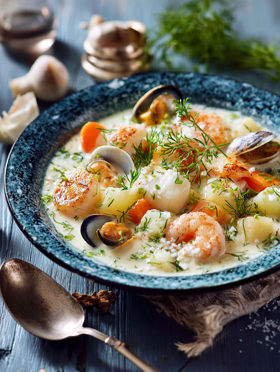 Une assiette de bouillabaisse avec des moules, des carottes et des herbes.