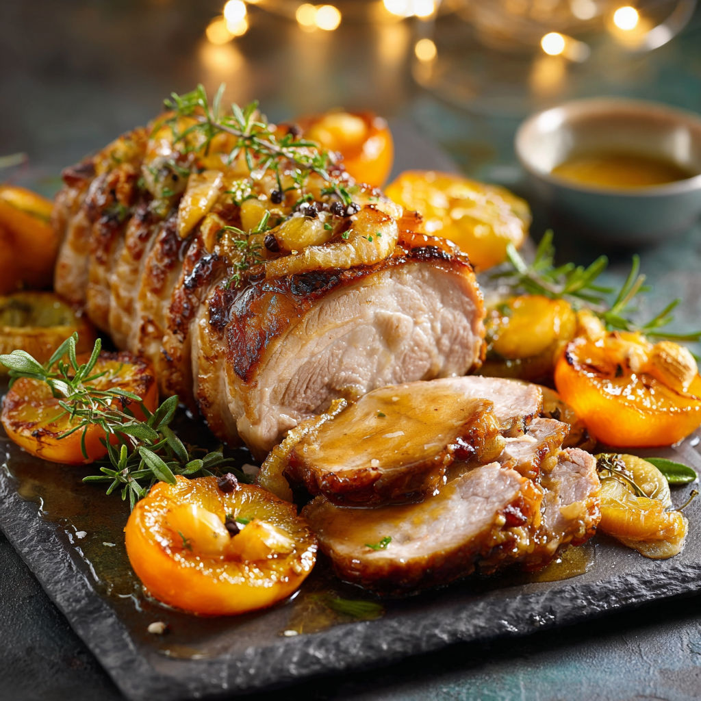 Une viande grillée avec des légumes et des fruits, accompagnée d'une sauce au miel.
