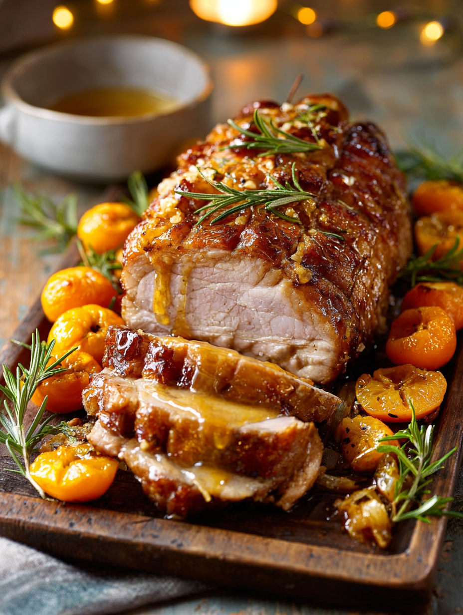 Une viande grillée avec des légumes et des herbes sur un plateau.
