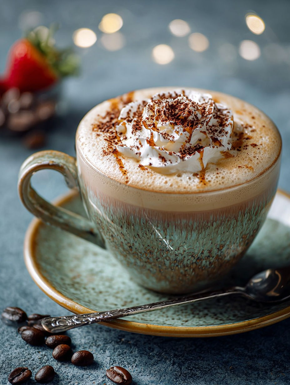 Une tasse de café avec des croutons de chocolat et des flocons d'avoine.
