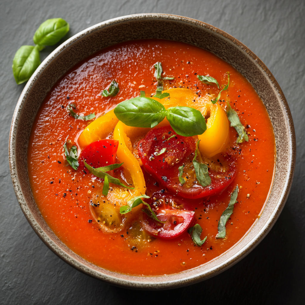 Une soupe tomate et basilic est servie dans un bol.