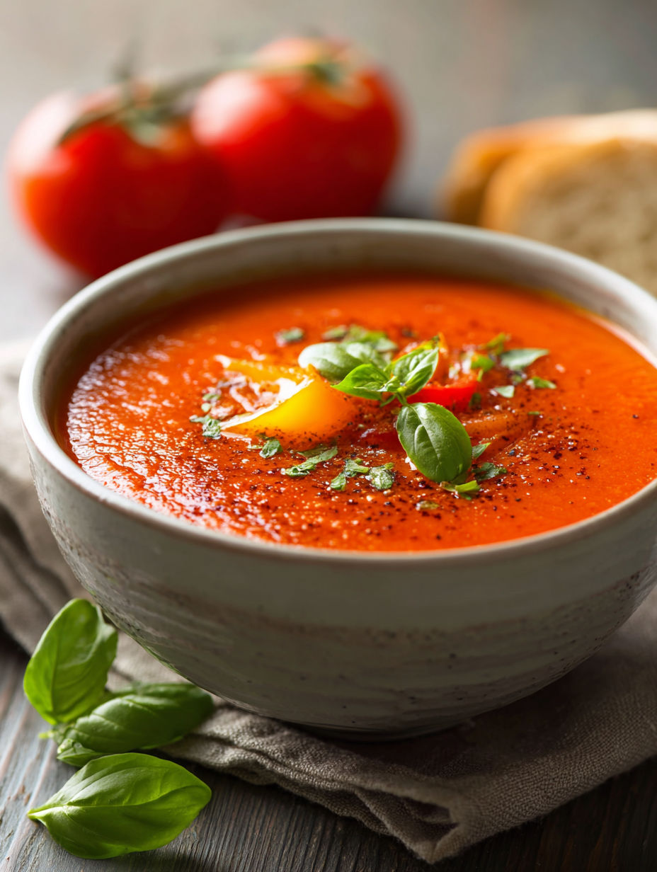 Une soupe tomatee avec des herbes et des épices, servie dans un bol en céramique.