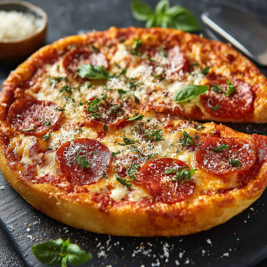 Une pizza maison avec des tomates, des oignons et des herbes.