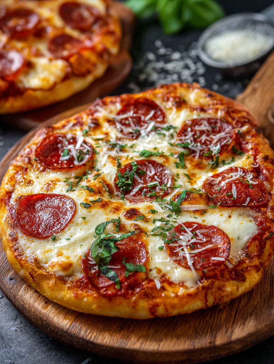 Une pizza maison avec des tomates, des oignons et des herbes.